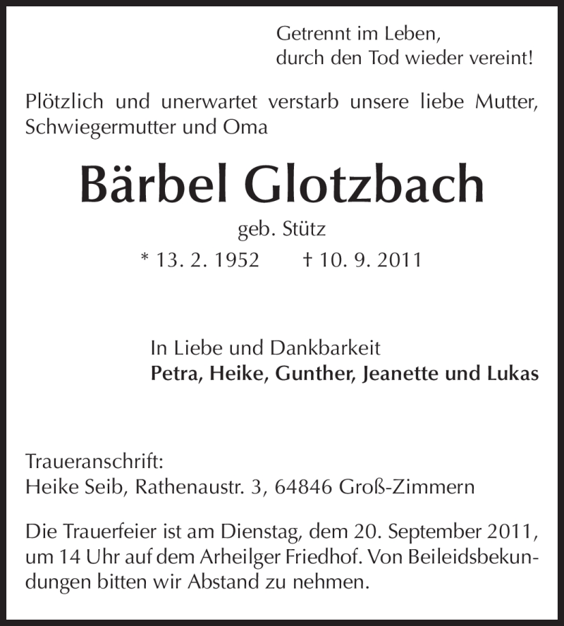 Traueranzeige für Bärbel Glotzbach vom 17.09.2011 aus Echo-Zeitungen (Gesamtausgabe)