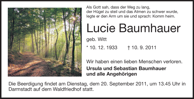  Traueranzeige für Lucie Baumhauer vom 17.09.2011 aus Echo-Zeitungen (Gesamtausgabe)