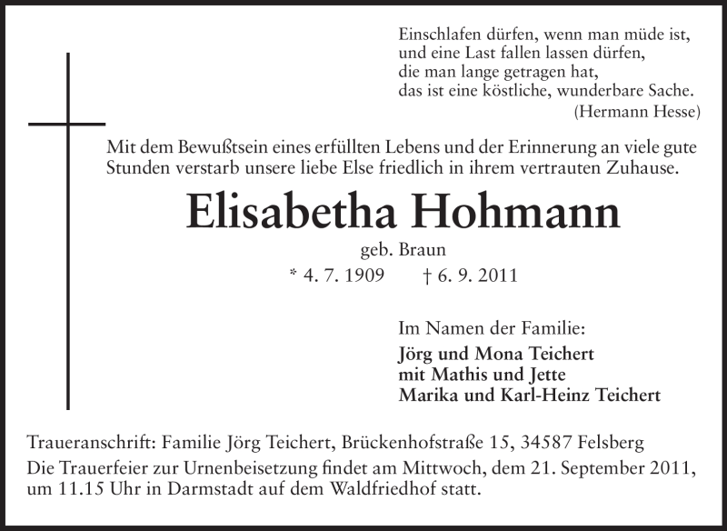 Traueranzeige für Elisabetha Hohmann vom 17.09.2011 aus Echo-Zeitungen (Gesamtausgabe)