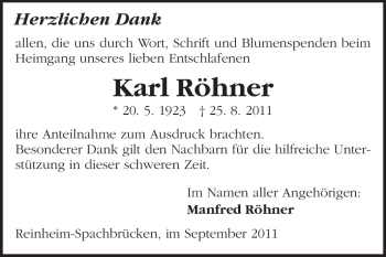 Traueranzeige von Karl Röhner von Darmstädter Echo, Odenwälder Echo, Rüsselsheimer Echo, Groß-Gerauer-Echo, Ried Echo