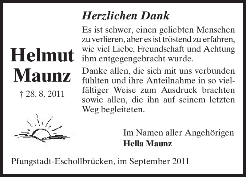 Traueranzeige für Helmut Maunz vom 17.09.2011 aus Echo-Zeitungen (Gesamtausgabe)