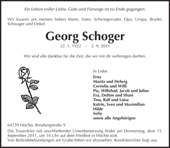 Traueranzeige von Georg Schoger von Odenwälder Echo