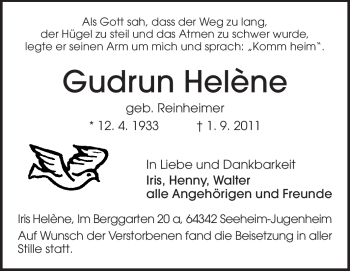 Traueranzeige von Gudrun Helène von Echo-Zeitungen (Gesamtausgabe)