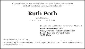 Traueranzeige von Ruth Poth von Darmstädter Echo, Odenwälder Echo, Rüsselsheimer Echo, Groß-Gerauer-Echo, Ried Echo