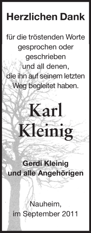 Traueranzeige von Karl Kleinig von Rüsselsheimer Echo, Groß-Gerauer-Echo, Ried Echo