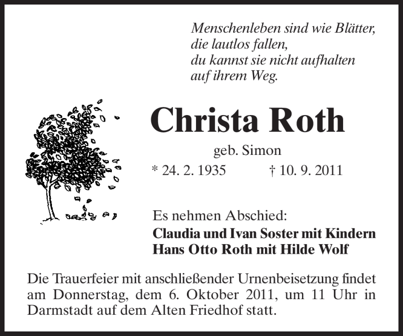  Traueranzeige für Christa Roth vom 17.09.2011 aus Echo-Zeitungen (Gesamtausgabe)