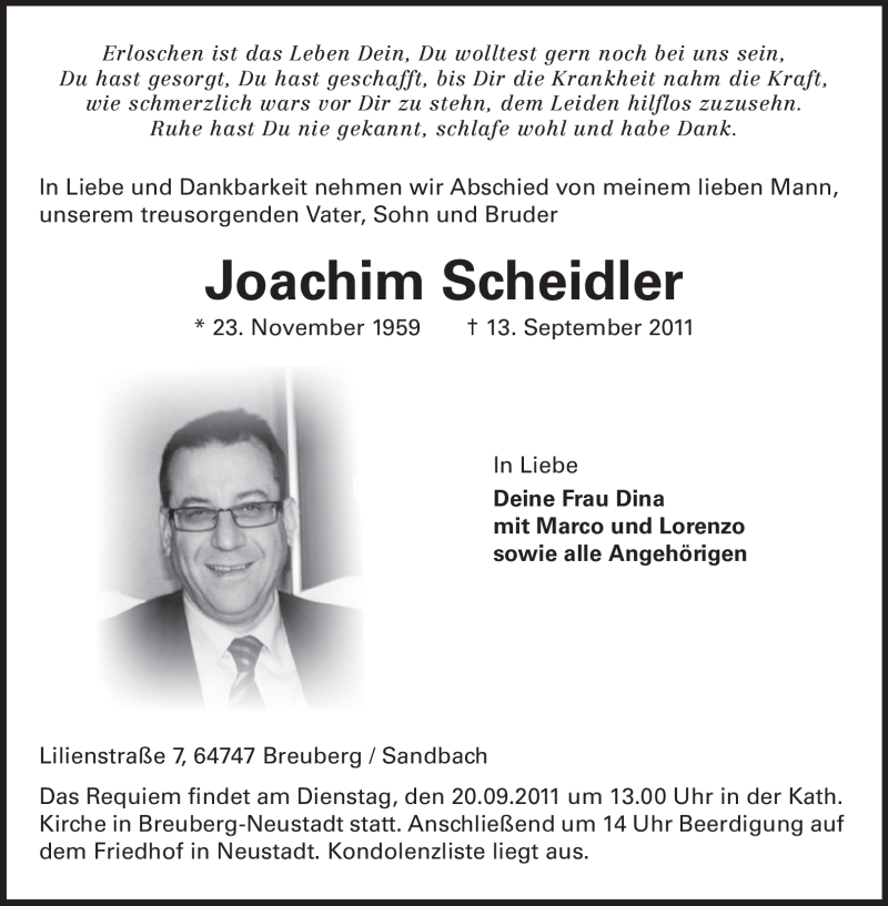  Traueranzeige für Joachim Scheidler vom 16.09.2011 aus Odenwälder Echo