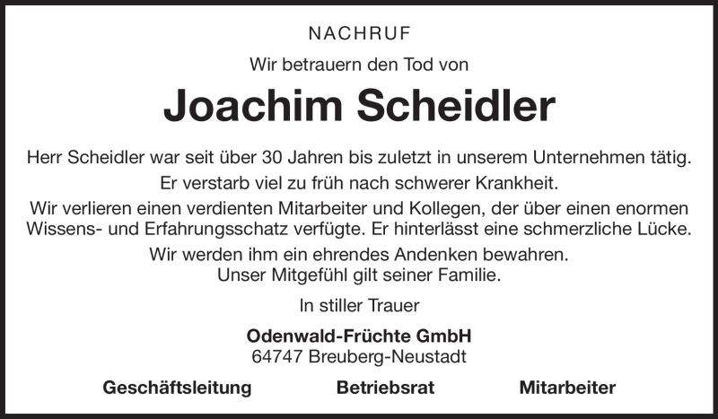  Traueranzeige für Joachim Scheidler vom 17.09.2011 aus Odenwälder Echo