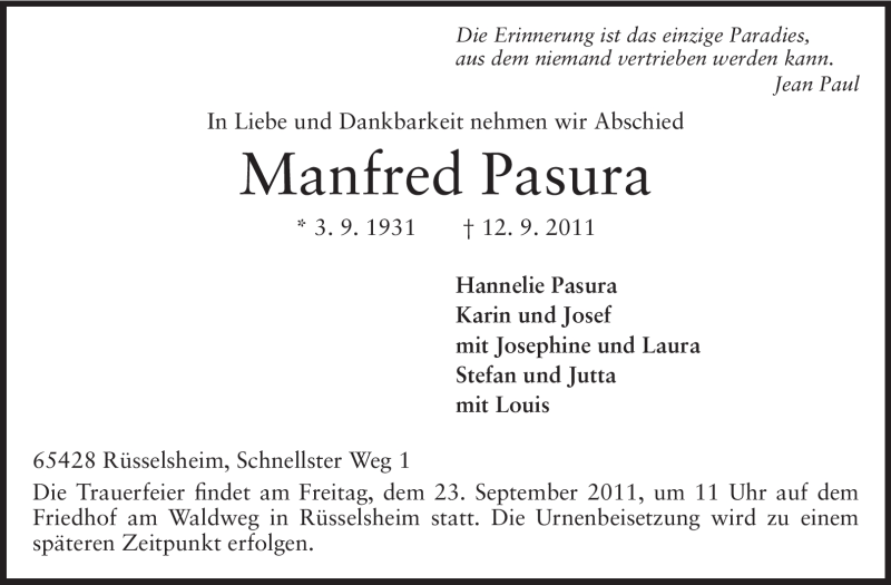  Traueranzeige für Manfred Pasura vom 17.09.2011 aus Rüsselsheimer Echo, Groß-Gerauer-Echo, Ried Echo