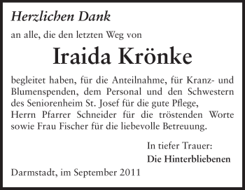 Traueranzeige von Iraida Krönke von Echo-Zeitungen (Gesamtausgabe)