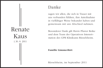 Traueranzeige von Renate Kaus von Rüsselsheimer Echo, Groß-Gerauer-Echo, Ried Echo