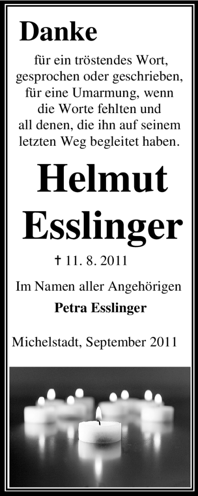  Traueranzeige für Helmut Esslinger vom 17.09.2011 aus Odenwälder Echo