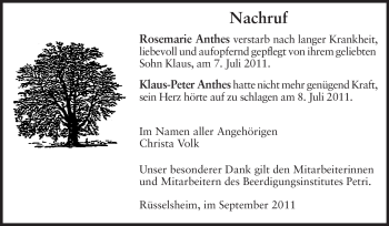 Traueranzeige von Rosemarie und Klaus-Peter Anthes von Rüsselsheimer Echo, Groß-Gerauer-Echo, Ried Echo