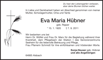 Traueranzeige von Eva Maria Hübner von Echo-Zeitungen (Gesamtausgabe)