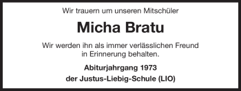 Traueranzeige von Micha Bratu von Echo-Zeitungen (Gesamtausgabe)