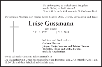 Traueranzeige von Luise Gussmann von Echo-Zeitungen (Gesamtausgabe)