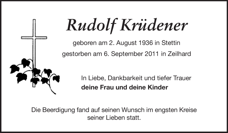  Traueranzeige für Prof. Dipl.-Ing. Rudolf Krüdener vom 17.09.2011 aus Darmstädter Echo, Odenwälder Echo, Rüsselsheimer Echo, Groß-Gerauer-Echo, Ried Echo