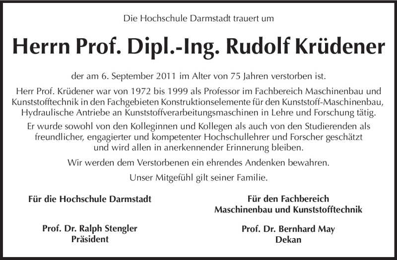  Traueranzeige für Prof. Dipl.-Ing. Rudolf Krüdener vom 17.09.2011 aus Echo-Zeitungen (Gesamtausgabe)