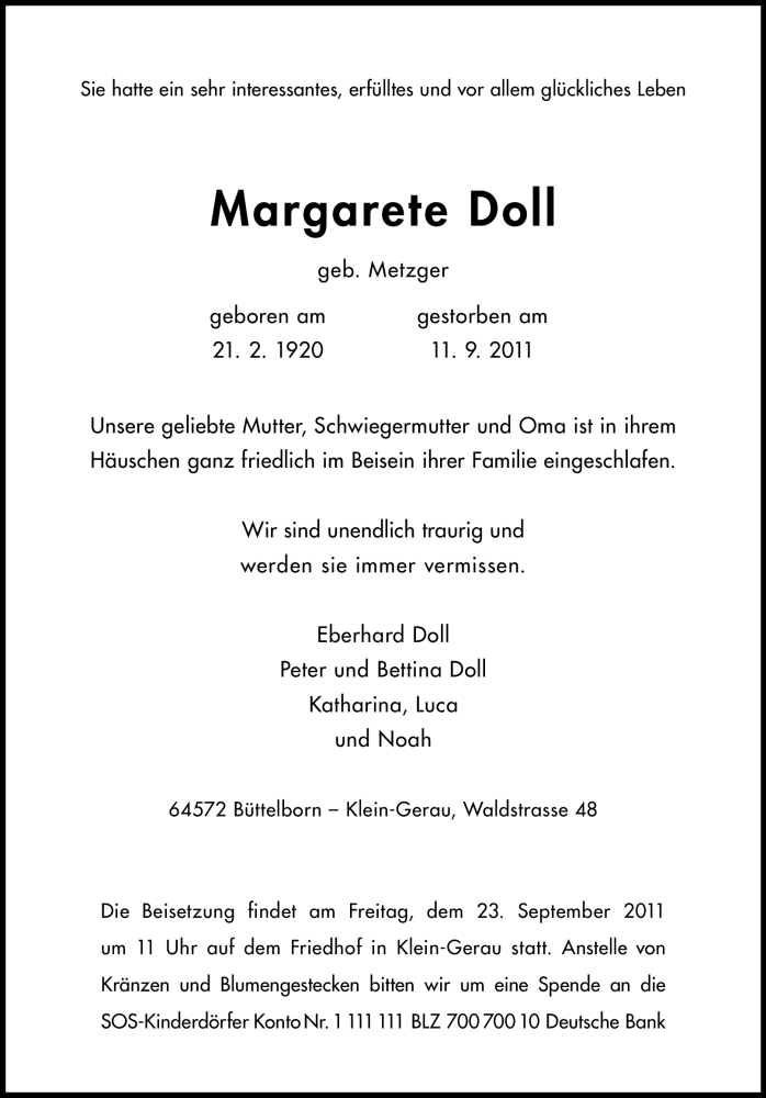  Traueranzeige für Margarete Doll vom 17.09.2011 aus Rüsselsheimer Echo, Groß-Gerauer-Echo, Ried Echo
