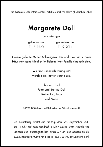 Traueranzeige von Margarete Doll von Rüsselsheimer Echo, Groß-Gerauer-Echo, Ried Echo