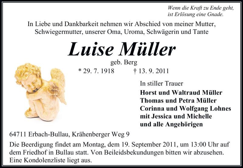  Traueranzeige für Luise Müller vom 16.09.2011 aus Odenwälder Echo