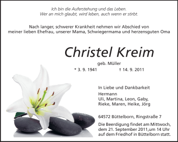 Traueranzeige von Christel Kreim von Echo-Zeitungen (Gesamtausgabe)