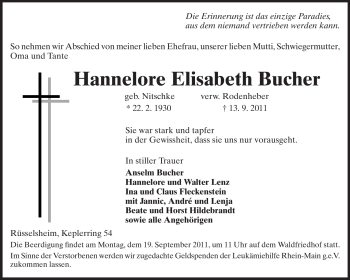Traueranzeige von Hannelore Elisabeth Bucher von Rüsselsheimer Echo, Groß-Gerauer-Echo, Ried Echo