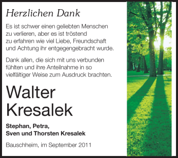 Traueranzeige von Walter Kresalek von Rüsselsheimer Echo, Groß-Gerauer-Echo, Ried Echo