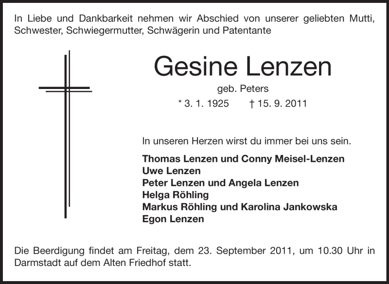  Traueranzeige für Gesine Lenzen vom 17.09.2011 aus Echo-Zeitungen (Gesamtausgabe)
