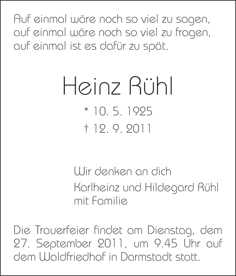  Traueranzeige für Heinz Rühl vom 17.09.2011 aus Echo-Zeitungen (Gesamtausgabe)