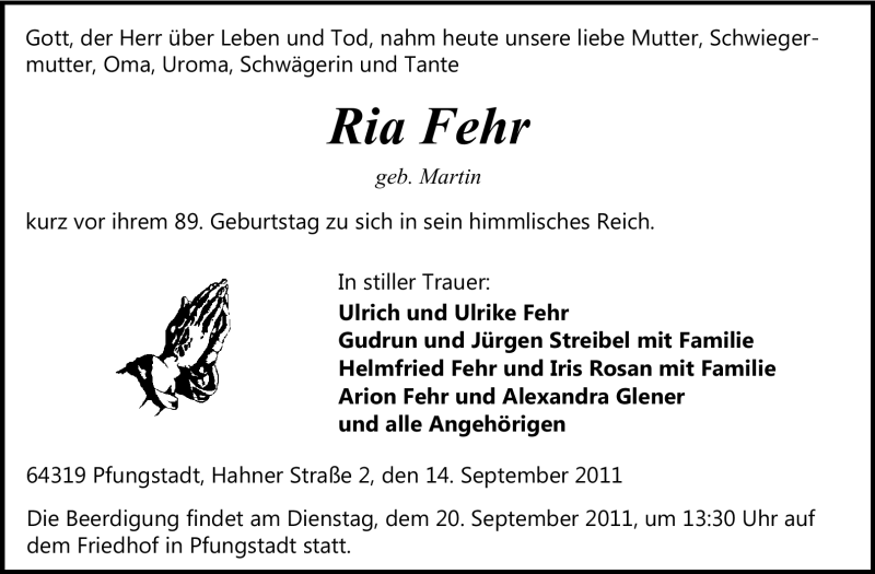  Traueranzeige für Ria Fehr vom 17.09.2011 aus Echo-Zeitungen (Gesamtausgabe)