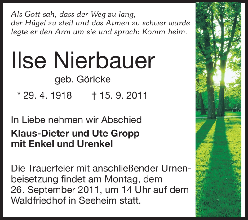  Traueranzeige für Ilse Nierbauer vom 21.09.2011 aus Echo-Zeitungen (Gesamtausgabe)