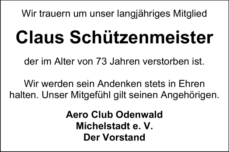  Traueranzeige für Claus Schützenmeister vom 17.09.2011 aus Odenwälder Echo