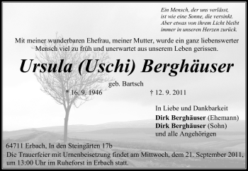 Traueranzeige von Ursula (Uschi) Berghäuser von Odenwälder Echo