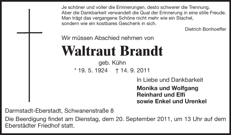  Traueranzeige für Waltraud Brandt vom 17.09.2011 aus Echo-Zeitungen (Gesamtausgabe)
