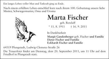 Traueranzeige von Marta Fischer von Echo-Zeitungen (Gesamtausgabe)