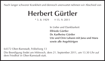 Traueranzeige von Herbert Gürtler von Echo-Zeitungen (Gesamtausgabe)