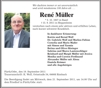 Traueranzeige von René Müller von Odenwälder Echo
