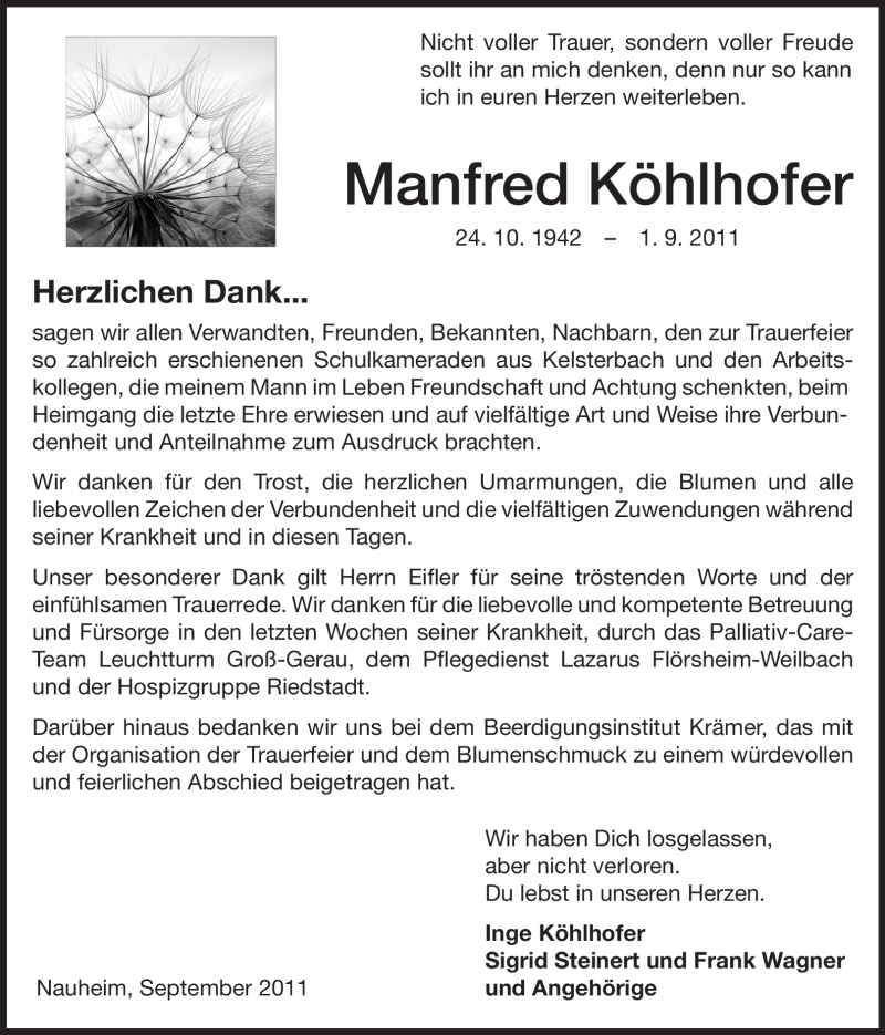  Traueranzeige für Manfred Köhlhofer vom 21.09.2011 aus Rüsselsheimer Echo, Groß-Gerauer-Echo, Ried Echo