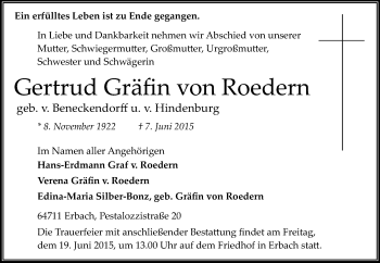 Traueranzeige von Gertrud  Gräfin von Roedern von Odenwälder Echo