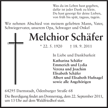 Traueranzeige von Melchior Schäfer von Echo-Zeitungen (Gesamtausgabe)