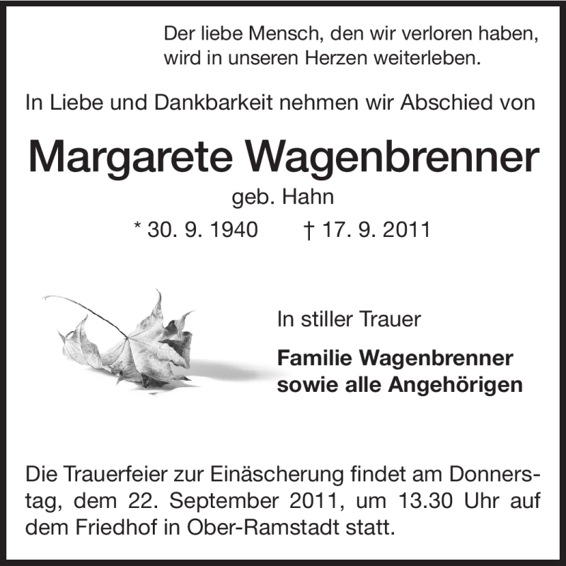  Traueranzeige für Margarete Wagenbrenner vom 20.09.2011 aus Darmstädter Echo, Odenwälder Echo, Rüsselsheimer Echo, Groß-Gerauer-Echo, Ried Echo