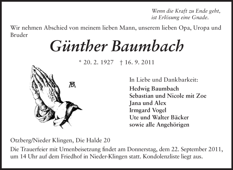  Traueranzeige für Günther Baumbach vom 20.09.2011 aus Echo-Zeitungen (Gesamtausgabe)
