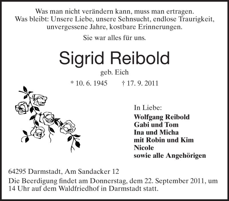  Traueranzeige für Sigrid Reibold vom 20.09.2011 aus Echo-Zeitungen (Gesamtausgabe)