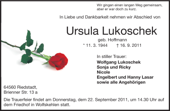 Traueranzeige von Ursula Lukoschek von Rüsselsheimer Echo, Groß-Gerauer-Echo, Ried Echo