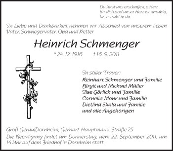 Traueranzeige von Heinrich Schmenger von Rüsselsheimer Echo, Groß-Gerauer-Echo, Ried Echo