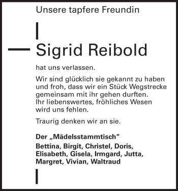 Traueranzeige von Sigrid Reibold von Echo-Zeitungen (Gesamtausgabe)