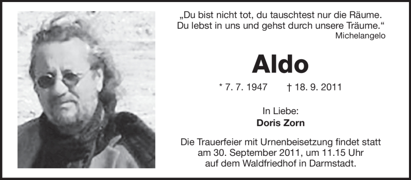  Traueranzeige für Aldo  vom 24.09.2011 aus Echo-Zeitungen (Gesamtausgabe)