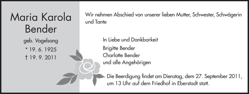  Traueranzeige für Maria Karola Bender vom 24.09.2011 aus Echo-Zeitungen (Gesamtausgabe)