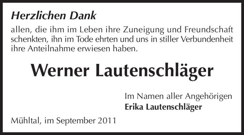  Traueranzeige für Werner Lautenschläger vom 24.09.2011 aus Echo-Zeitungen (Gesamtausgabe)